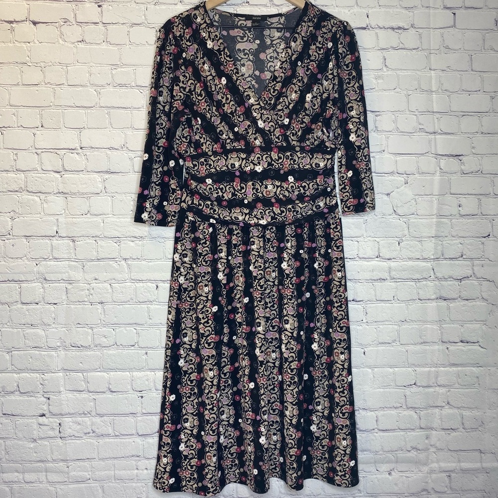Alfani 3/4 sleeve midi dress black with flowers